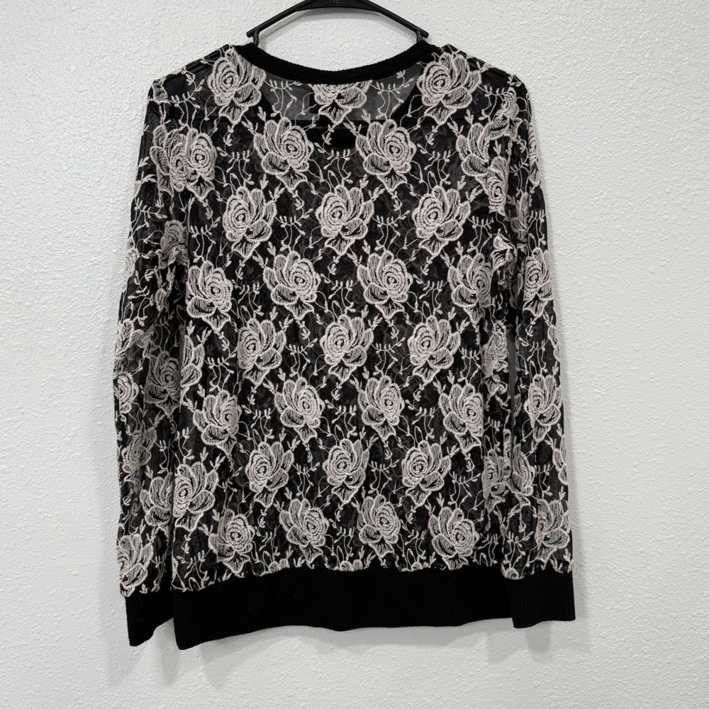 Bobaeu Black Lace Floral Print Long Sleeve Knit Sweater Top Womens Size L - Picture 2 of 7